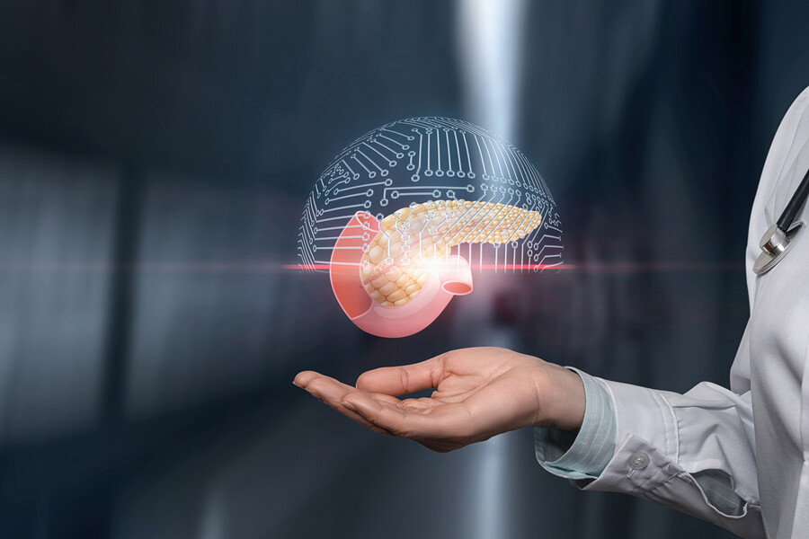 Hand of a medical professional underneath a virtual rendering of a pancreas.