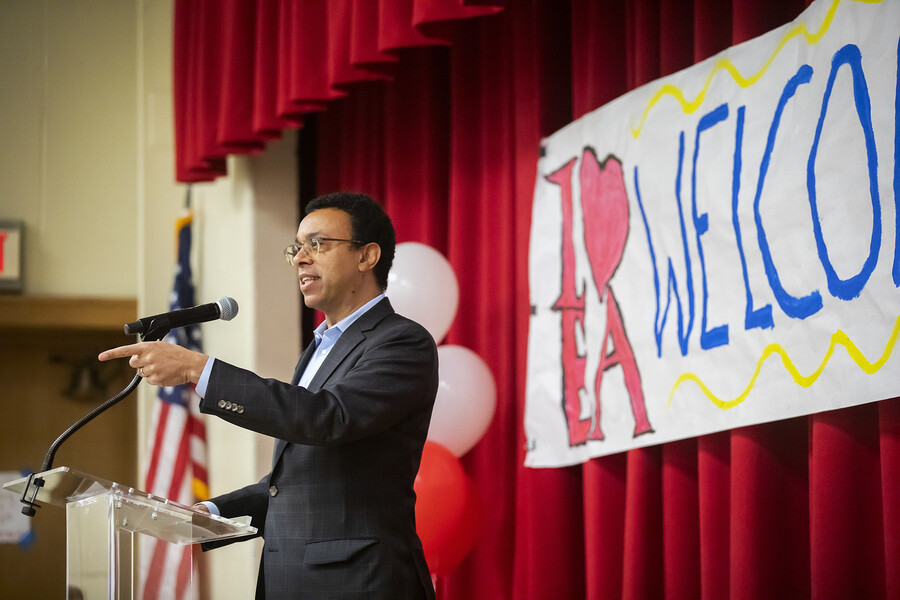 Wendell Pritchett speaking at podium at Lea School