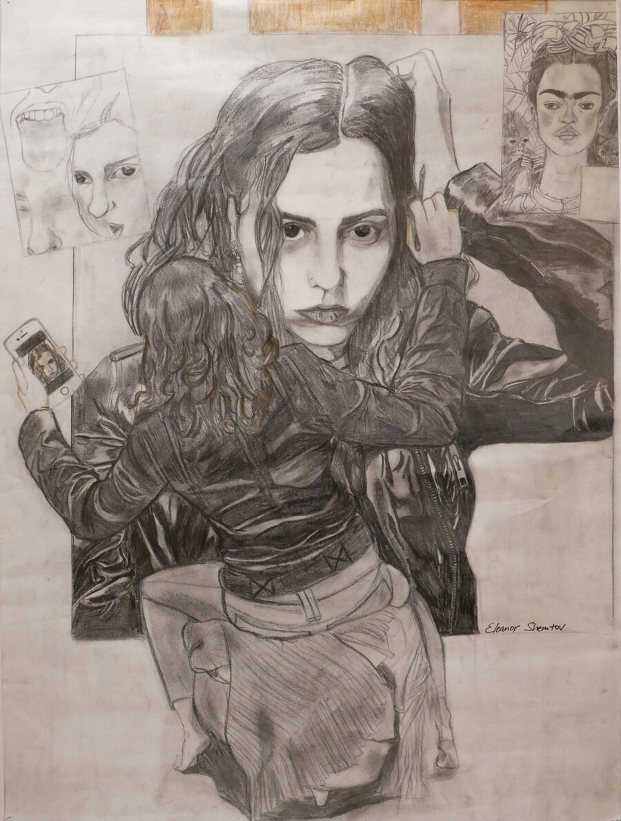 a drawing of Eleanor Shemtov drawing herself while looking at herself on her cell phone