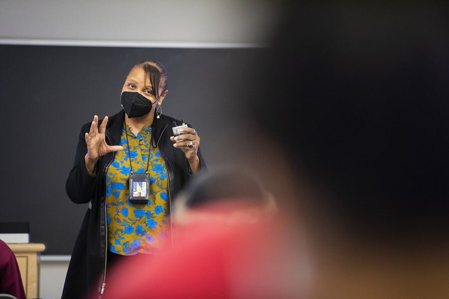 Jessie Harper speaking to a classroom