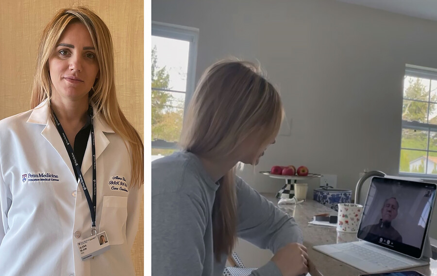 Left: Alena Blain in a medical white coat. Right: Alena Blain at a table video chatting.