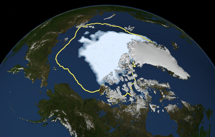 Satellite view of receding sea ice from space.