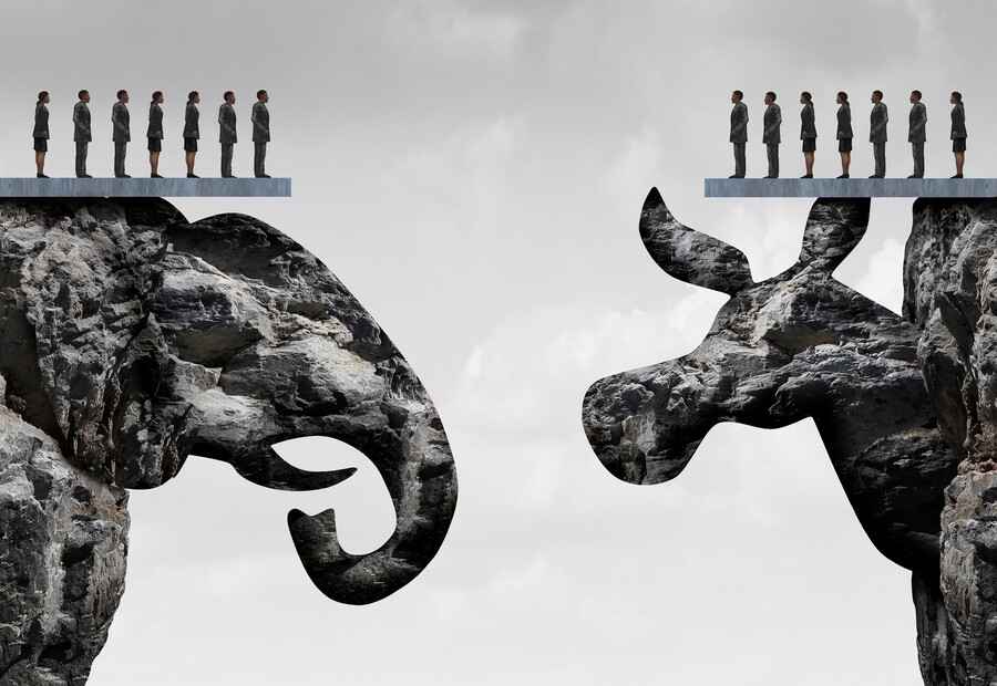 Two cliffs, the left is an elephant, the right is a donkey, with a line of people on top of each.