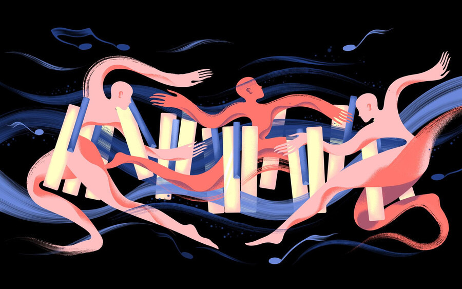 Illustration of figures dancing as flowing figures around large piano keys.
