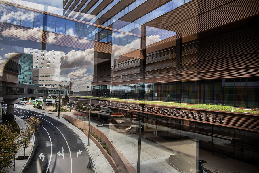View through a window of the Penn Med complex through a  window in the new Pavilion.