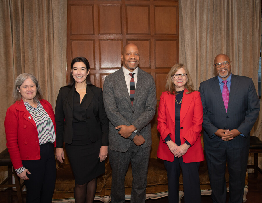 Beth A. Winkelstein and President Liz Magill with&nbsp;Penn Integrates Knowledge Professors&nbsp;Dolores Albarracín, Lance Freeman, and Kevin Johnson