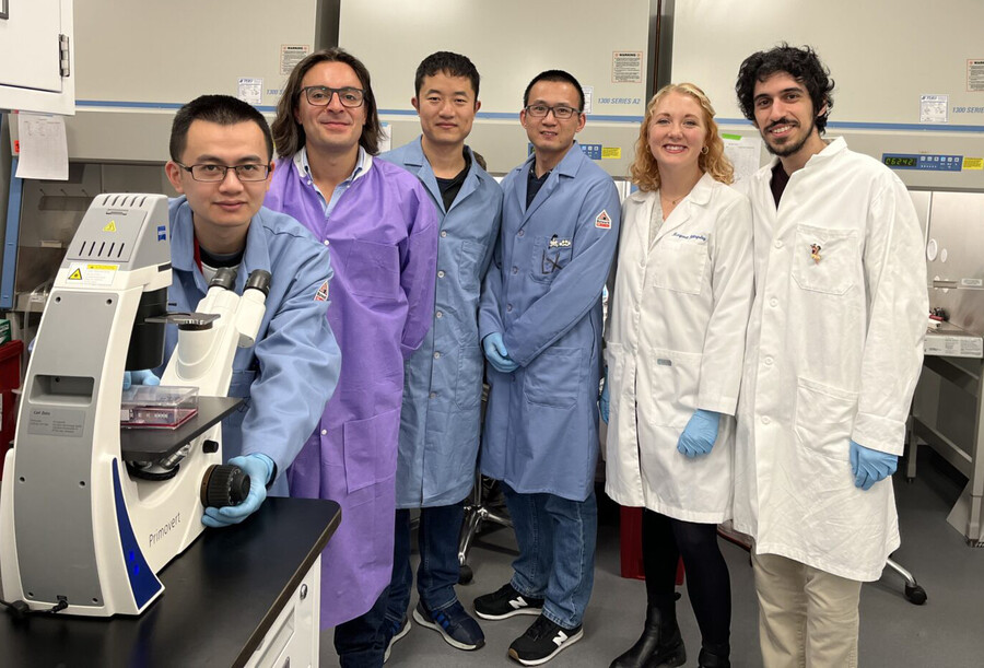 Xuexiang Han, Michael J. Mitchell, Ningqiang Gong, Lulu Xue, Sarah J. Shepherd, and Rakan El-Mayta wearing lab coats inside the Mitchell Lab.