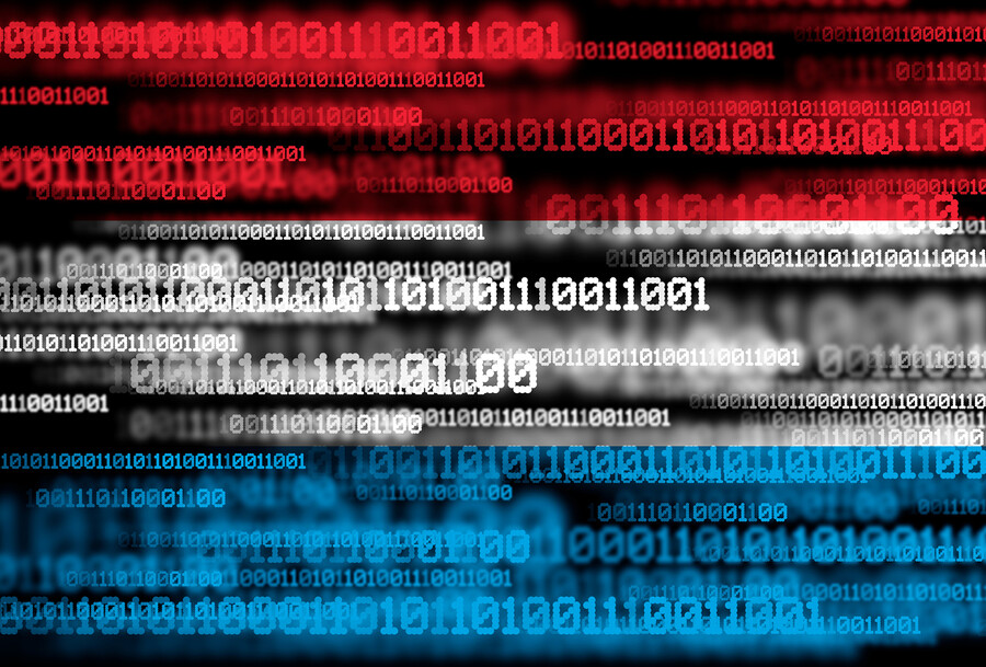 Red, white and blue zeros and ones indicating computer data.