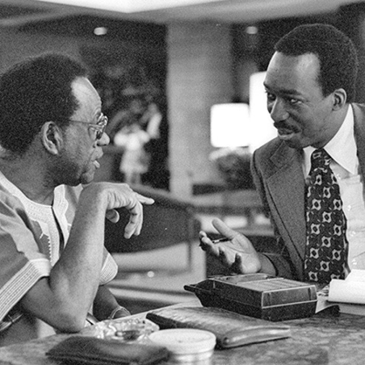 James Spady (right) and South African writer Es’kia Mphahlele.