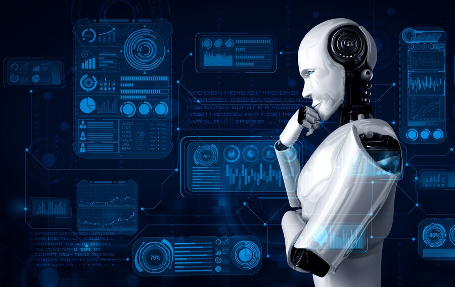 A robot superimposed over data.