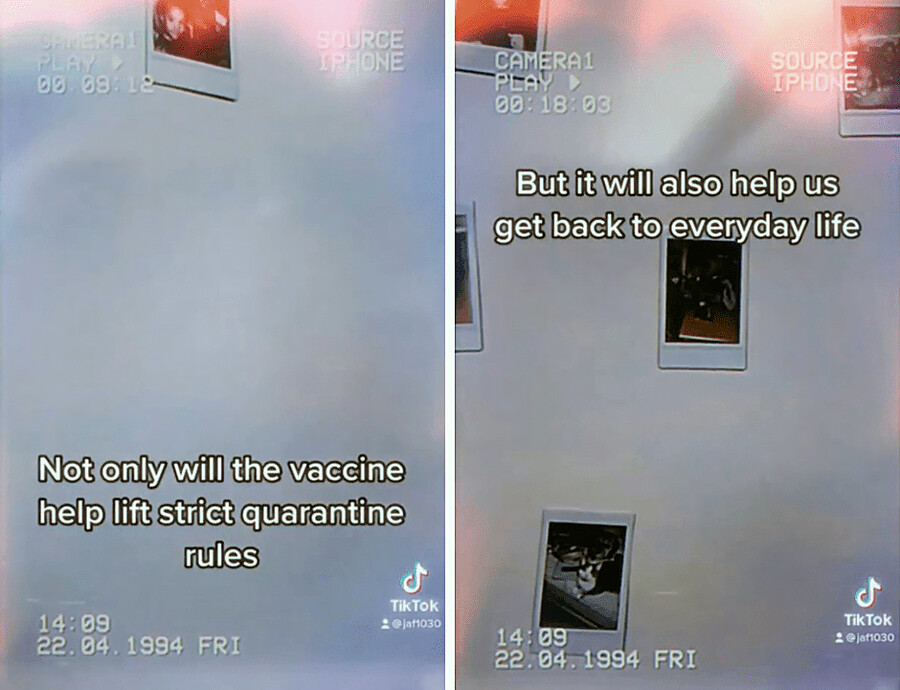 Split-screen of a TikTok reading: Not only will the vaccine help lift strict quarantine rules but it will also help us get back to everyday life.