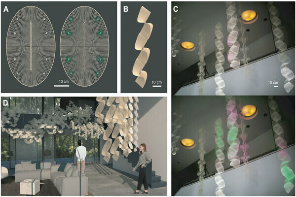 Grid of four images, three microscopic materials, one indicating the atmosphere of a room with two people.