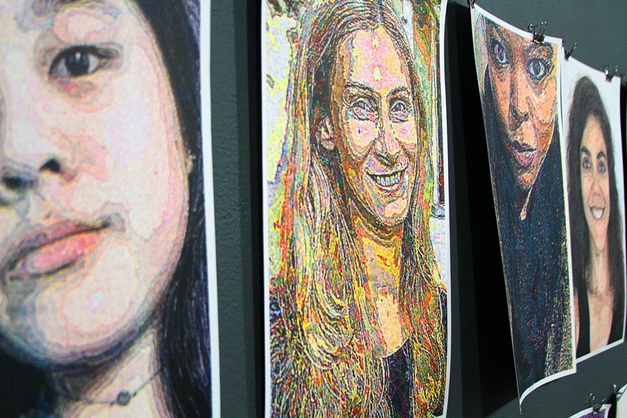 Stylized, distorted portraits.