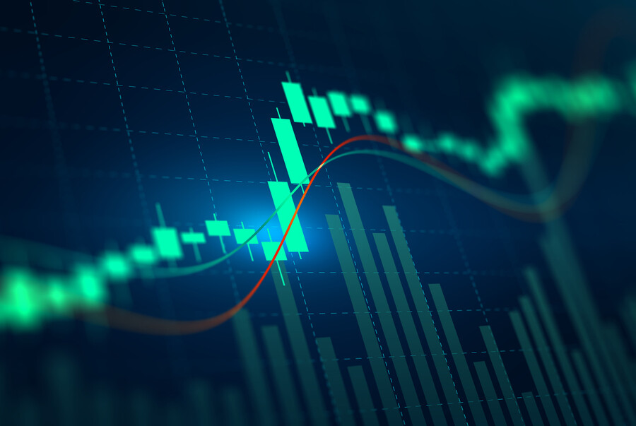 Graph of stock market trends rising and plateauing.