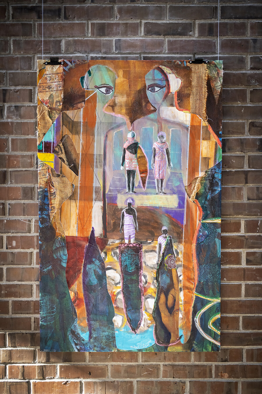 Art portraying glaring eyes and silhouettes through what appears to be a gateway. 