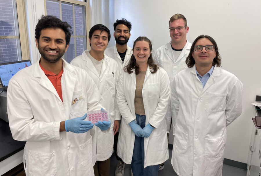 From left to right: Ajay Thatte, Benjamin Nachod, Rohan Palanki, Kelsey Swingle, Alex Hamilton, and Michael Mitchell in the Mitchell lab.