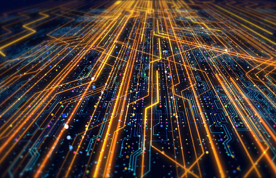 Lit-up lights on a computer chip.