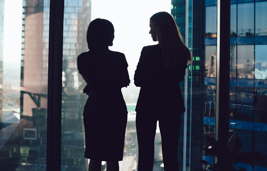 Silhouettes of businesswomen in modern office near a window.