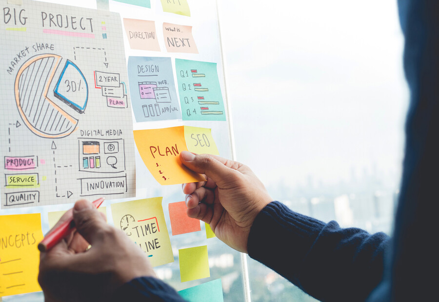 A person planning a big project with a board.