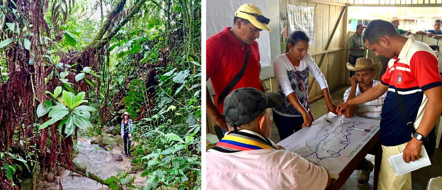 Kristina Lyons in the Colombian rainforest at left, with Colombians looking at maps at right.