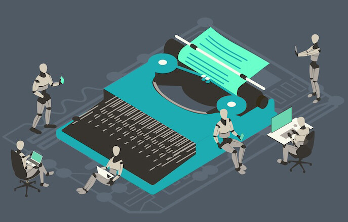 Robots around a larger-than-life-size typewriter.