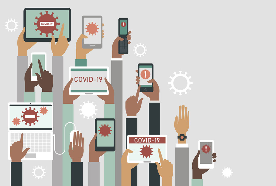 Many hands holding smartphones and other sources of information about COVID-19.