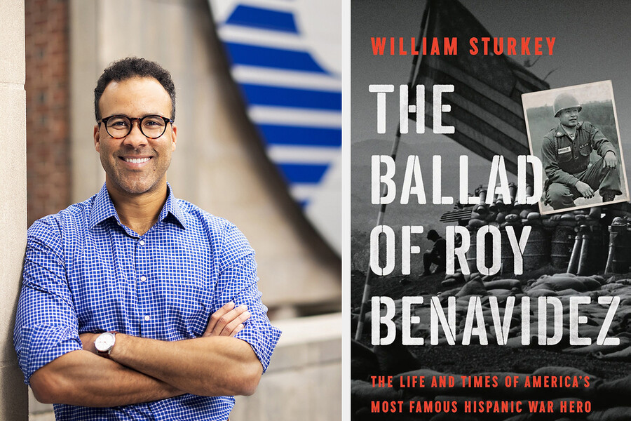 William Sturkey and the cover of his book “The Ballad of Roy Benavidez”