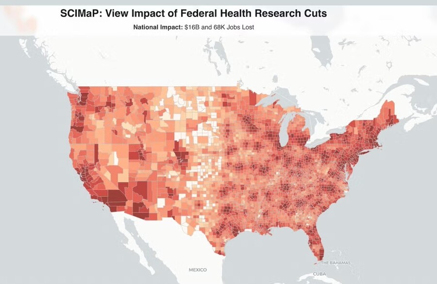 A map of the US showing the impact of federal health research cuts