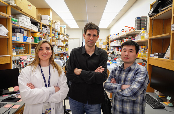 Cesar de law Fuente, middle, between two researchers from his team, standing in their lab.