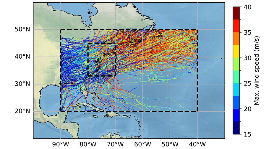 A map showing increase in nor’easters.