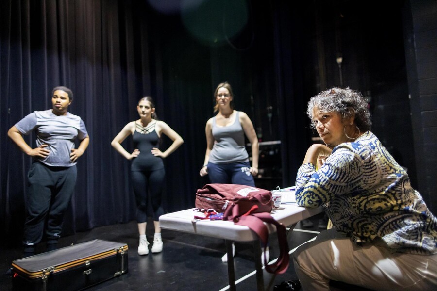 Margit Edwards, Elliot Ross-Dick, Anya Rothman, and Pandora Schoen look off-screen during rehearsal.