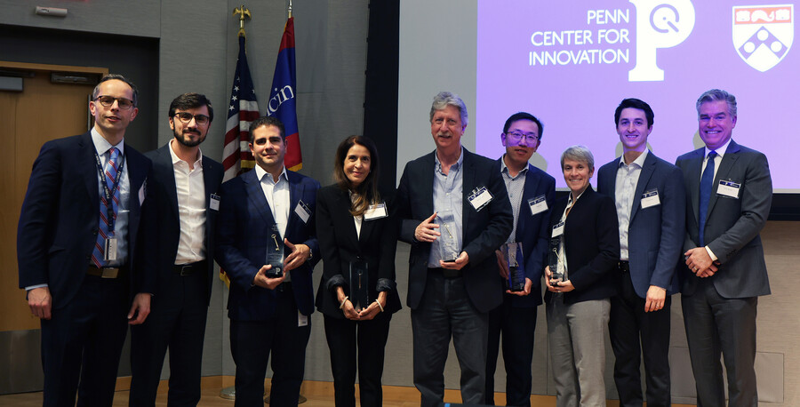 A group photo of the Special Award recipients at the 2025 PCI Celebration of Innovation. Names from left to right: Ben Dibling; Marco Ruella; Nick Siciliano; Geeta Vemuri; Bruce Levine; Liang Feng; Nicola Mason; Preston Noon; and Dave Meaney.