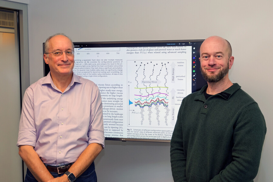 John C. Crocker (left) and Robert Riggleman in front of a computer screen mounted on the wall.