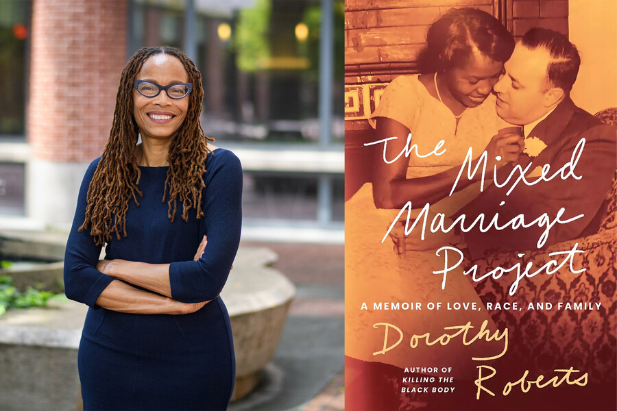 Dorothy Roberts and the cover of her new book “The Mixed Marriage Project”