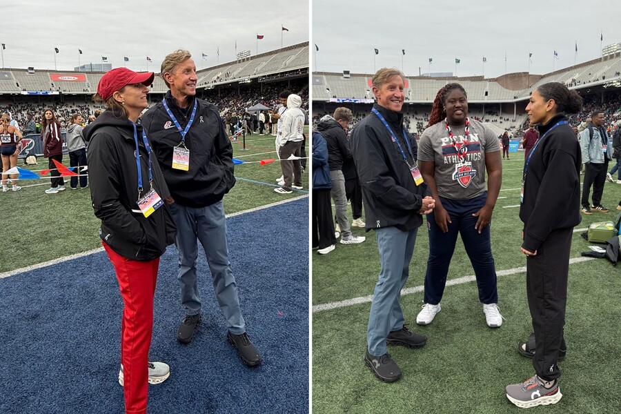 Alanna Wren and J. Larry Jameson on Franklin Field, and J. Larry Jameson and two student athletes on the field.