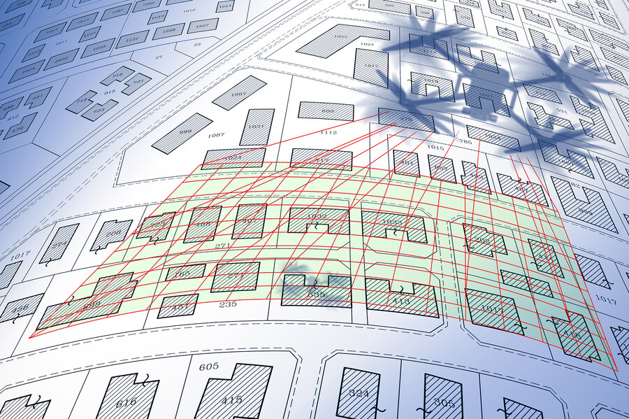 Shadow of a drone over a map of housing units.
