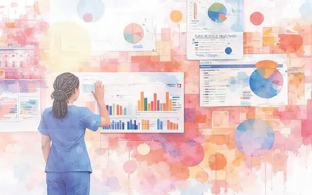 A nurse looking at charts and data on a wall.