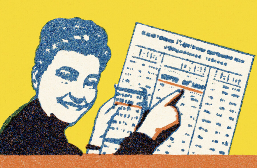 A cartoon of a person pointing to a newspaper column.