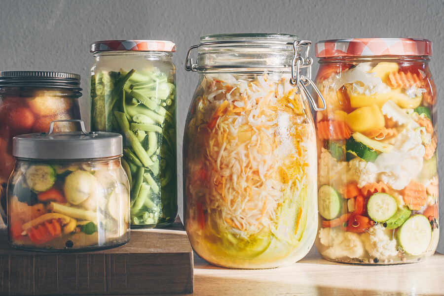 Jars of sauerkraut and fermented vegetables.