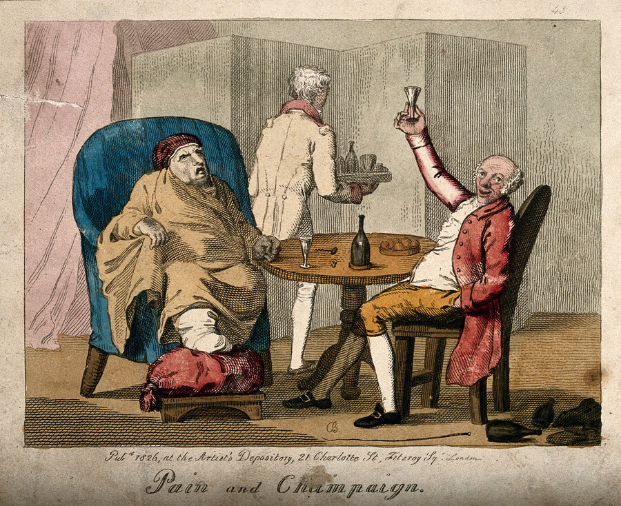 Sketch of two colonial-era men at table, one with an injured foot.
