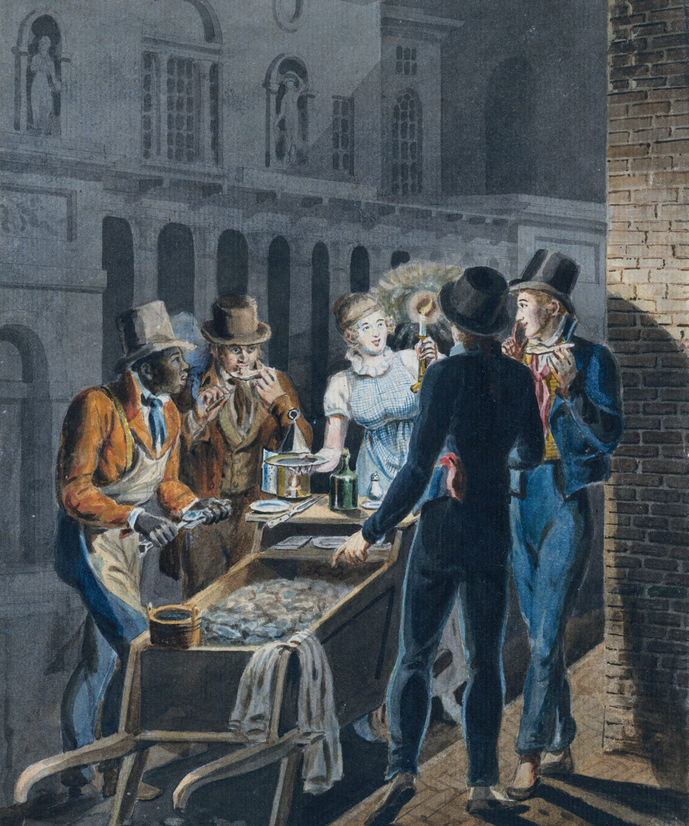 The painting “Nightlife in Philadelphiaan Oyster Barrow in Front of the Chestnut Street Theater,” depicting people eating oysters on the street in Philadelphia in the 18th century.