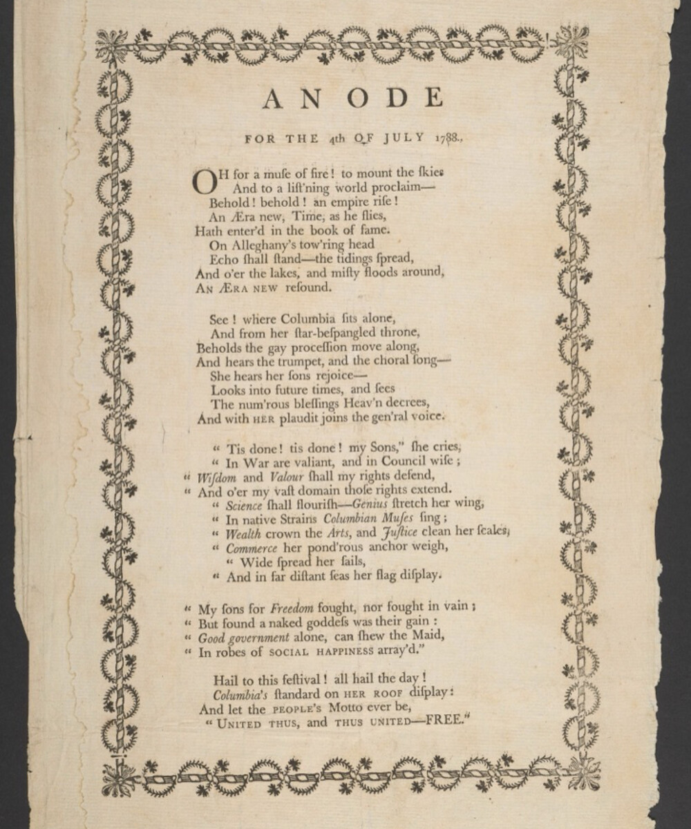 An aged printed broadside poem titled “An Ode for the 4th of July 1788,” with the left page featuring decorative vine-like borders framing the poem’s text.