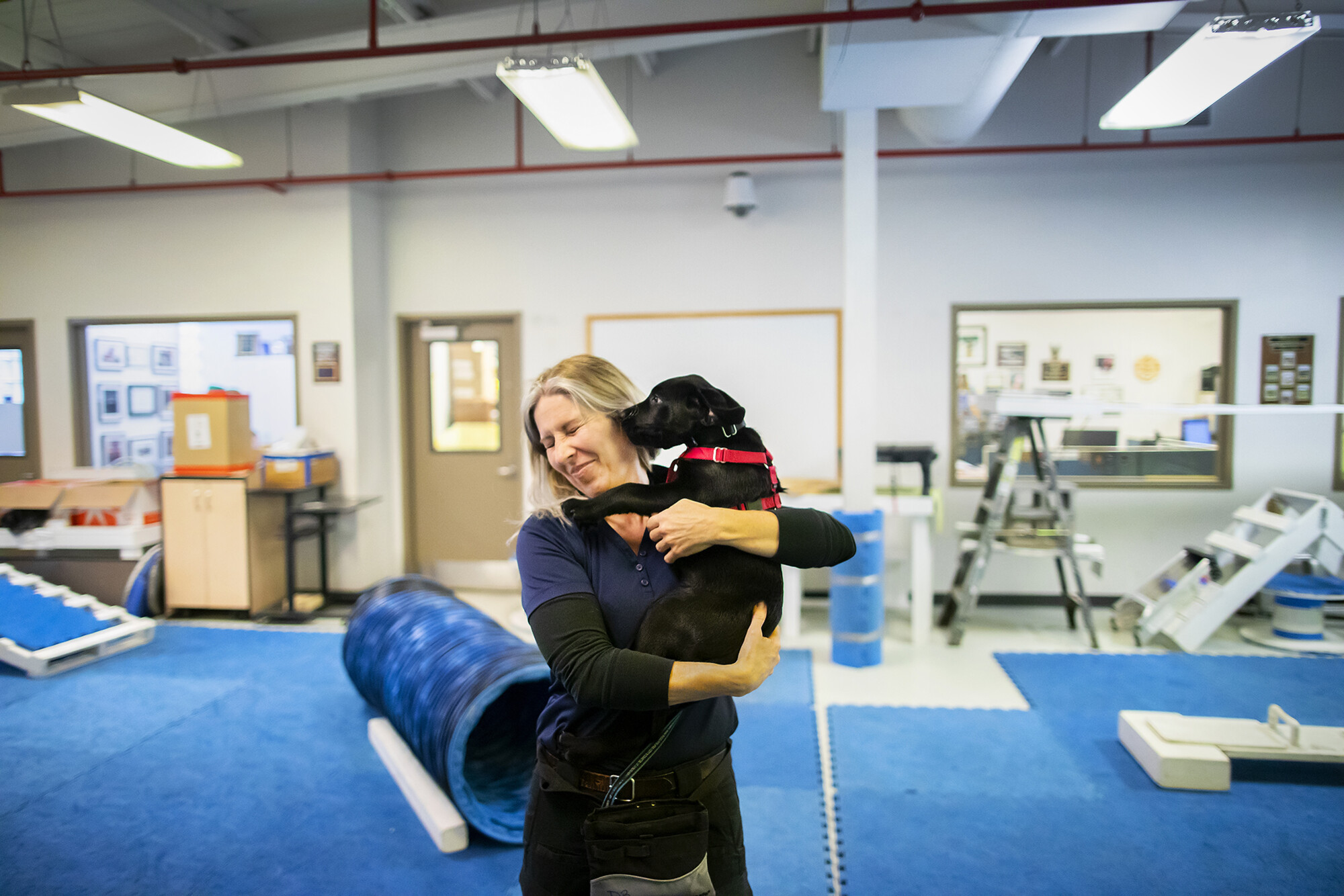 A worker at the Working Dog Center holds a puppy who licks their face