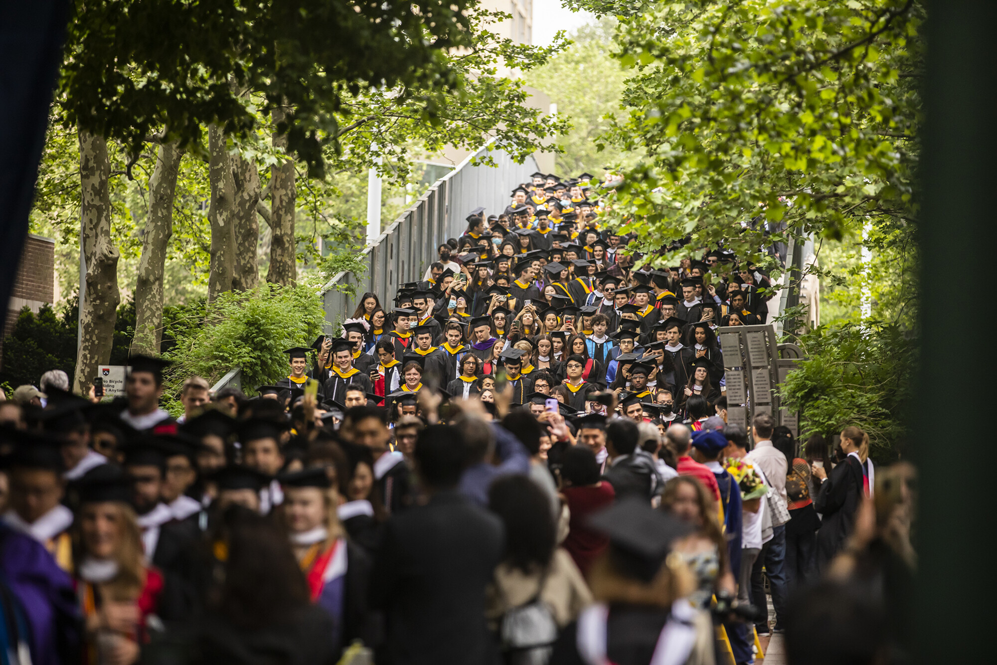 graduates processing down locust walk during commencement