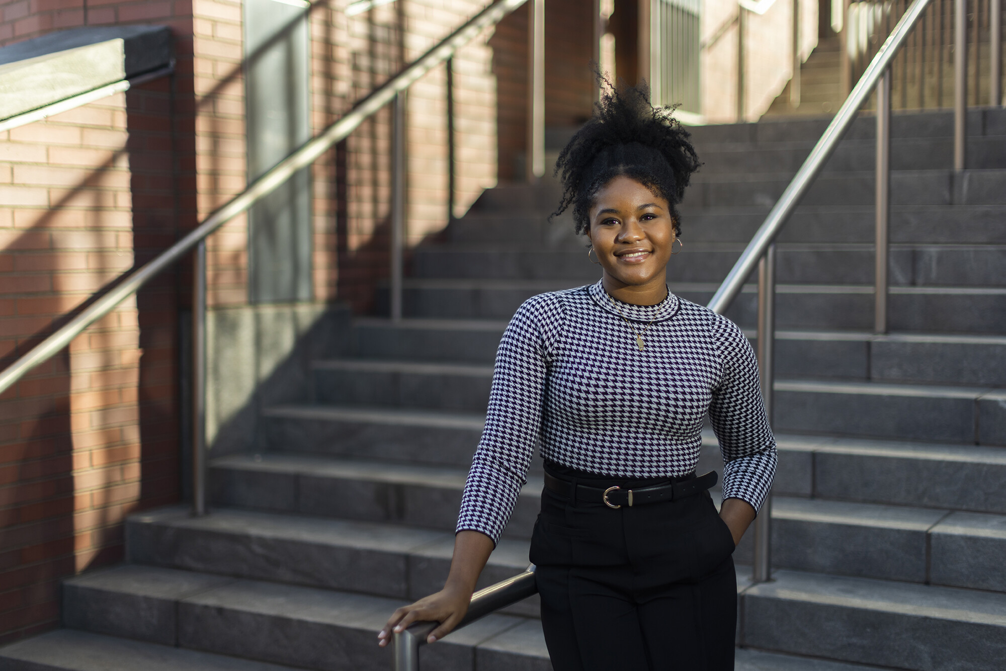 Njeri Warrington on huntsman hall steps