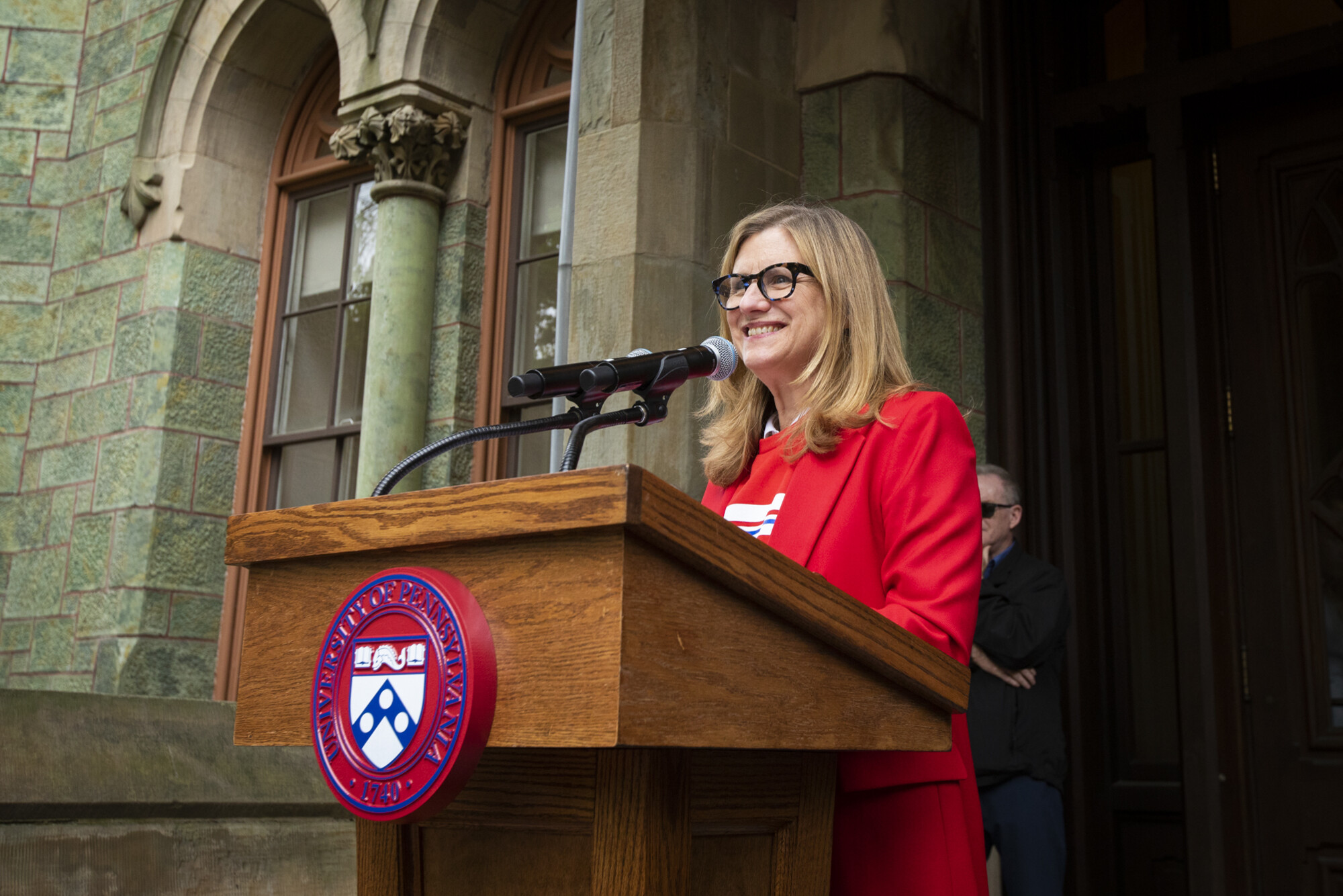penn president liz magill on college hall steps