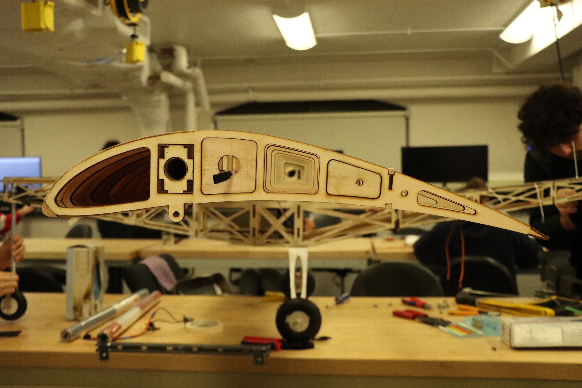 Penn’s aerial racing drone under construction in a lab.