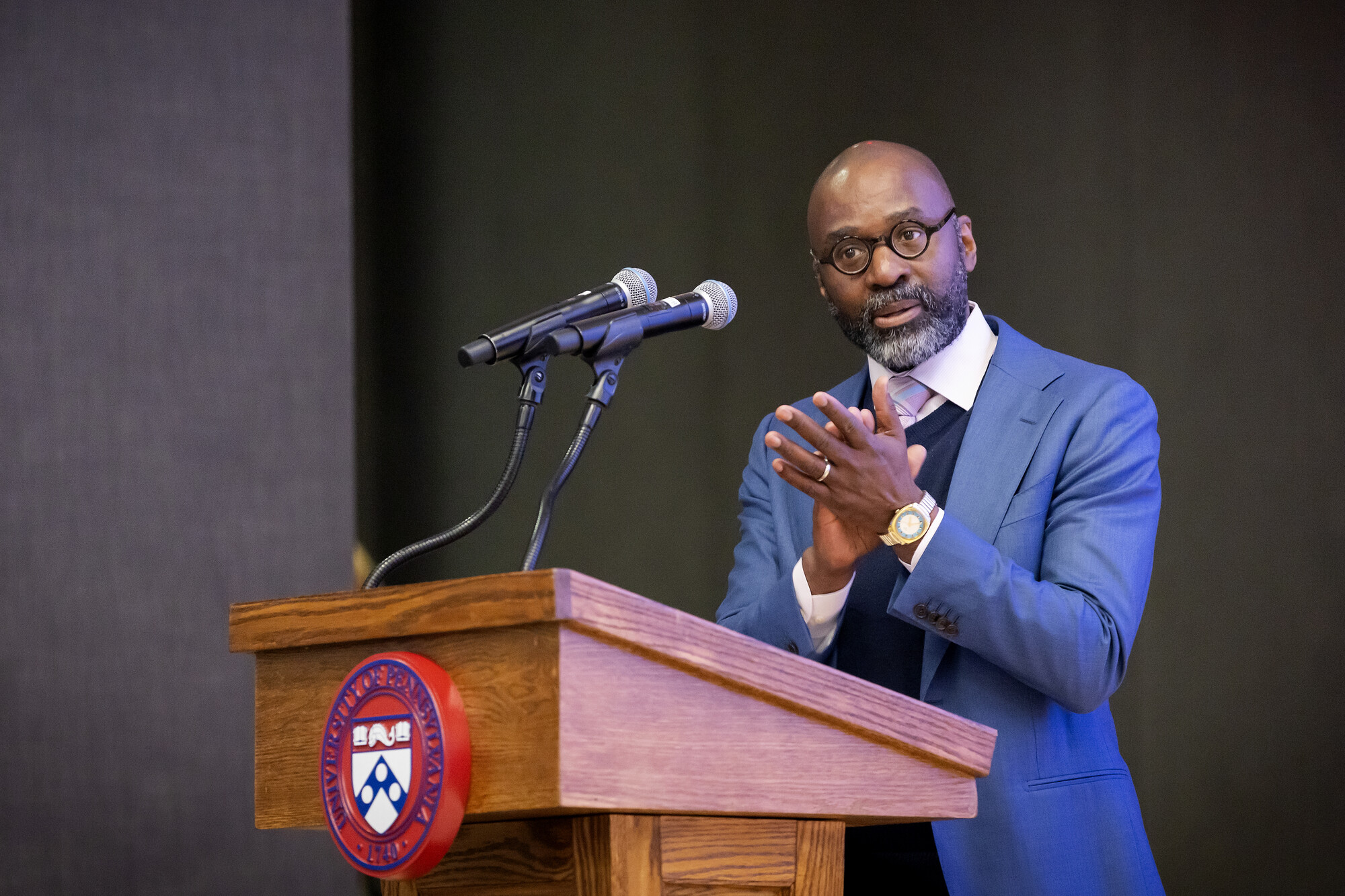 Penn Provost John Jackson behind a podium.