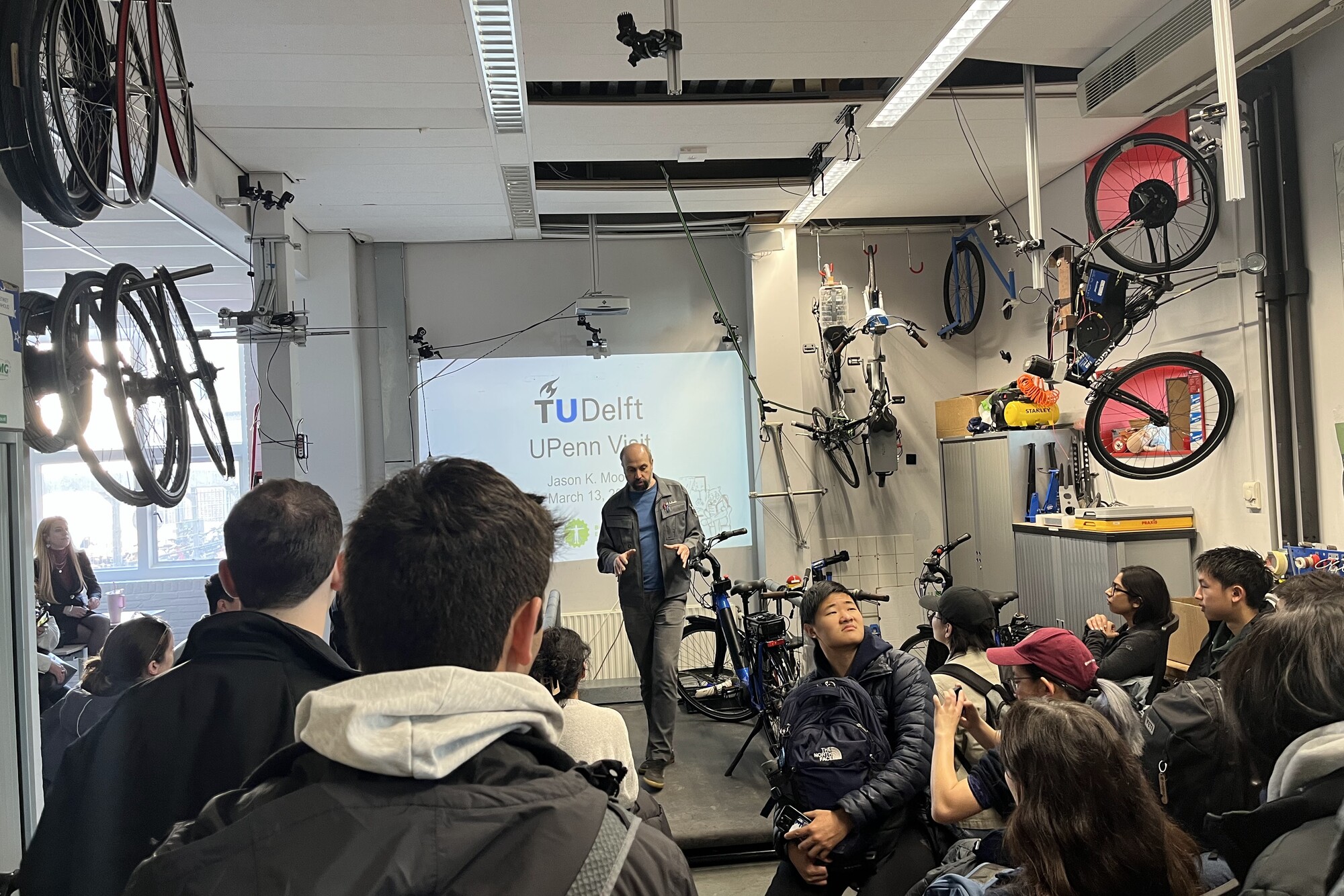 Penn students in a bike shop in Delft.