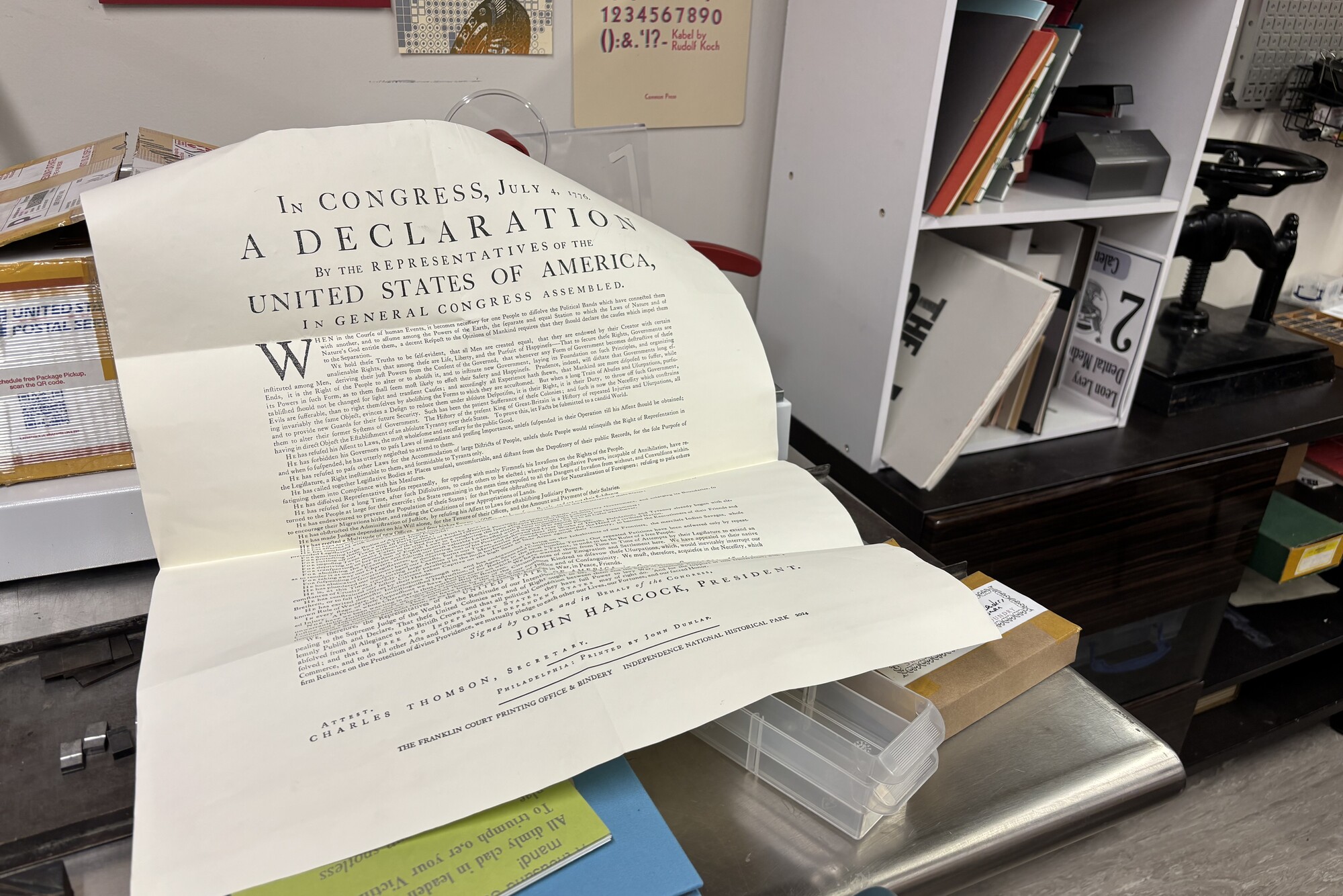 A copy of the Declaration of Independence in the Common Press office.